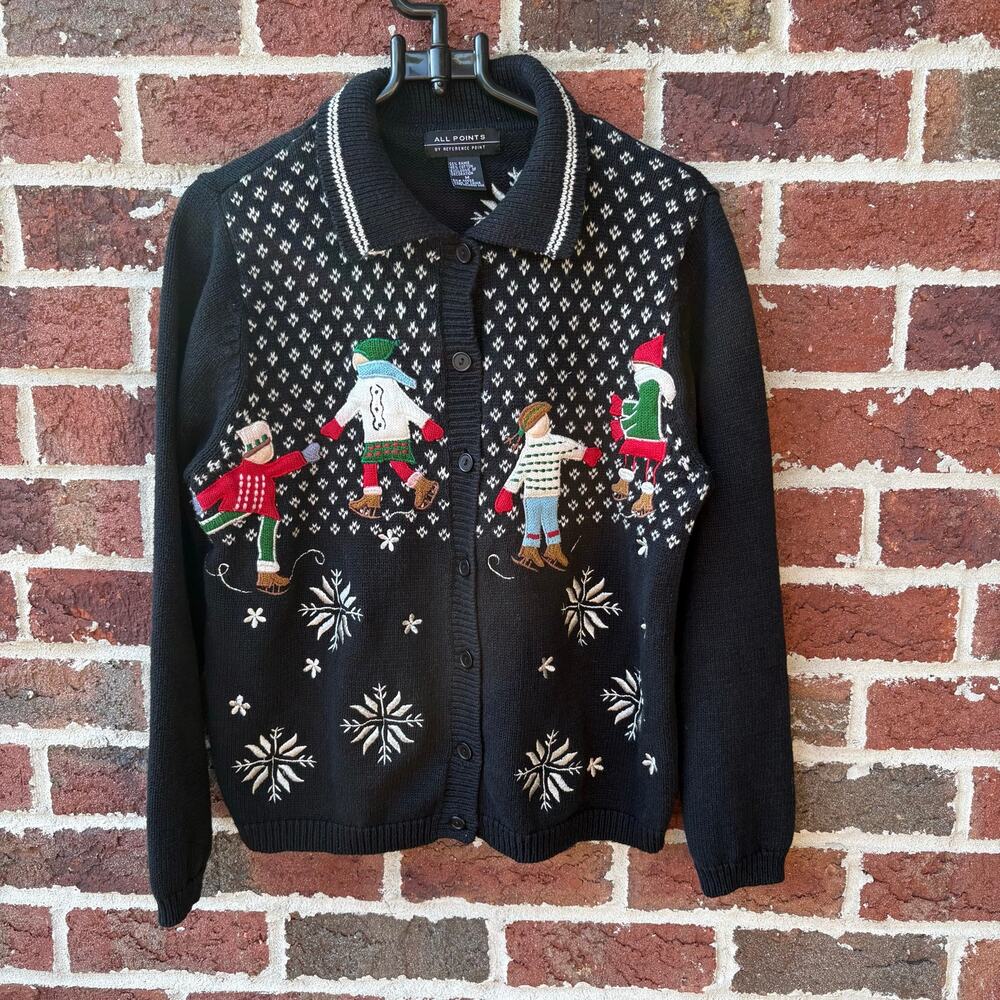Vintage All Points Christmas Ice Skating Cardigan Sweater Black M